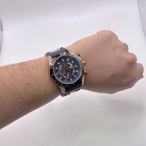 Liboger Blue Gold Watch Rubber Strap Stainless Steel Back Water Resistant Analog